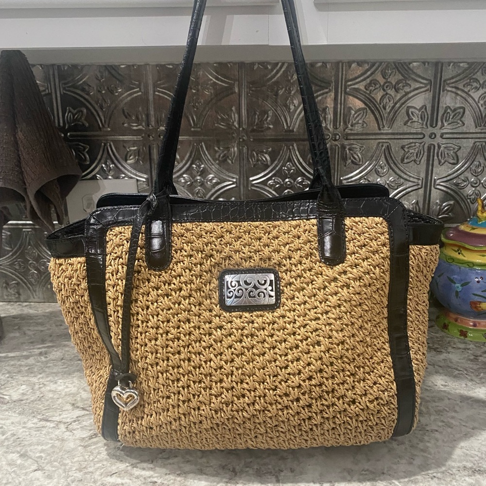 Brighton Black Leather & Straw Tote Purse